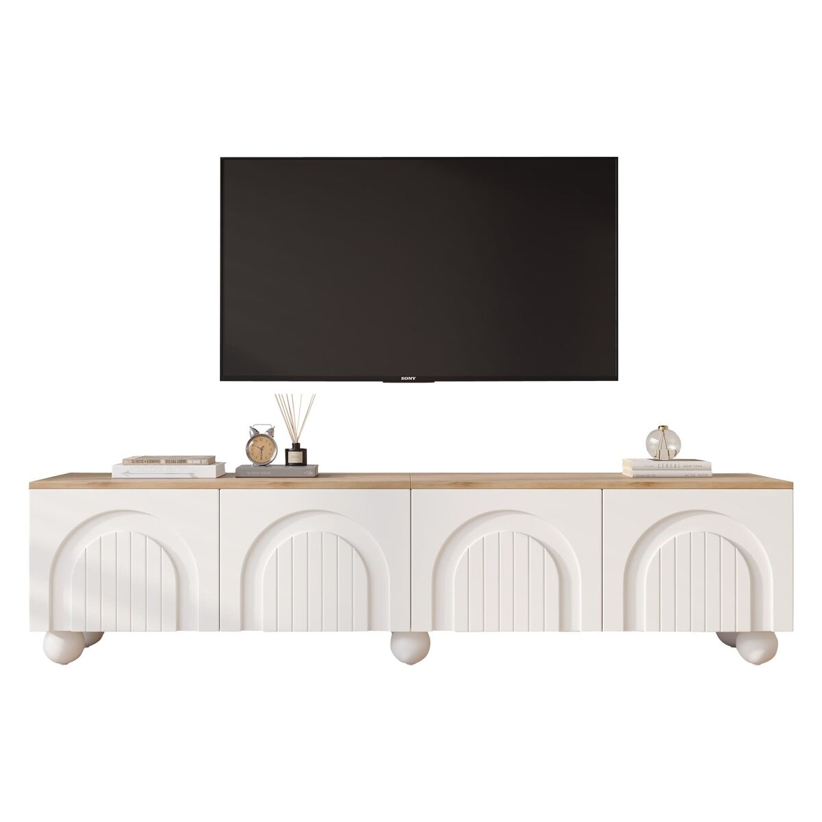 mueble tv 180x40x45 cm - 4 armarios 6 patas metalicas adecuado para tv de 80 - blanco  natural