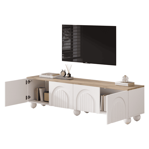Móvel de TV 180x40x45 cm - 4 armários, 6 pés metálicos, adequado para TV de 80'' - Branco + Natural