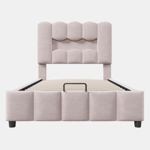 Cama estofada 90x200 cm - Sem colchão, LED, hidráulica, cabeceira ajustável, Veludo, Rosa