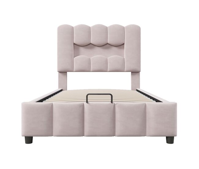 Cama tapizada 90x200 cm - sin colchón, led, hidráulico, cabecero ajustable, terciopelo, rosa