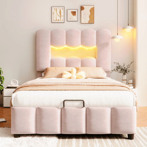 Cama estofada 90x200 cm - Sem colchão, LED, hidráulica, cabeceira ajustável, Veludo, Rosa