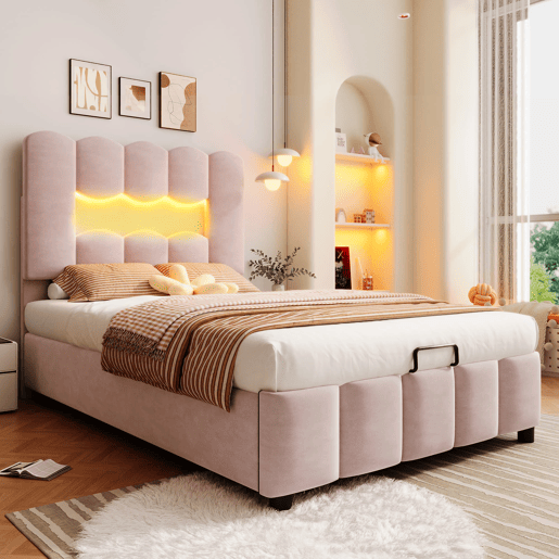 Cama estofada 90x200 cm - Sem colchão, LED, hidráulica, cabeceira ajustável, Veludo, Rosa
