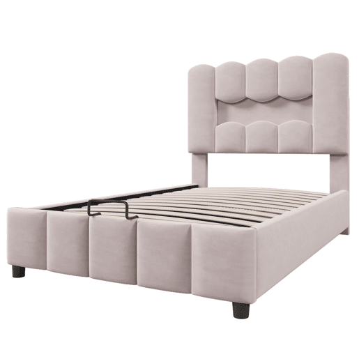 Cama estofada 90x200 cm - Sem colchão, LED, hidráulica, cabeceira ajustável, Veludo, Rosa