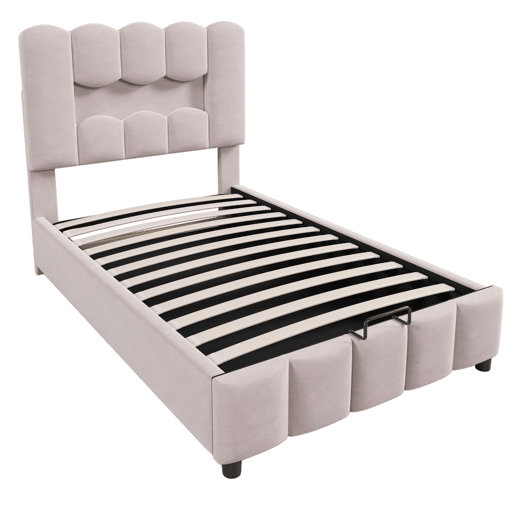 Cama estofada 90x200 cm - Sem colchão, LED, hidráulica, cabeceira ajustável, Veludo, Rosa