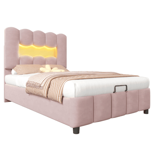 Cama estofada 90x200 cm - Sem colchão, LED, hidráulica, cabeceira ajustável, Veludo, Rosa