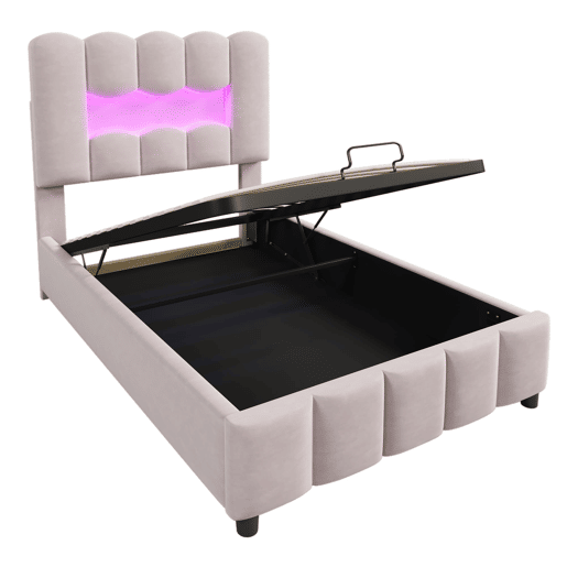 Cama estofada 90x200 cm - Sem colchão, LED, hidráulica, cabeceira ajustável, Veludo, Rosa