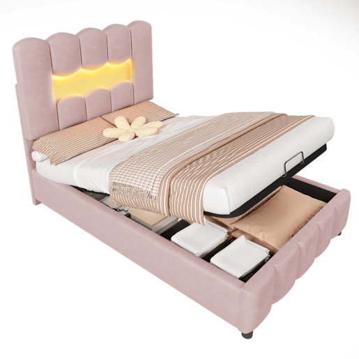 Cama estofada 90x200 cm - Sem colchão, LED, hidráulica, cabeceira ajustável, Veludo, Rosa
