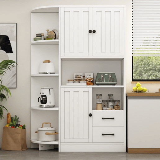 Armário de canto 104x35x155 cm - Vitrine com 3 portas e 2 gavetas, 14 compartimentos - Branco