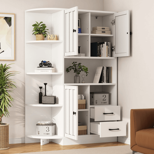 Armário de canto 104x35x155 cm - Vitrine com 3 portas e 2 gavetas, 14 compartimentos - Branco