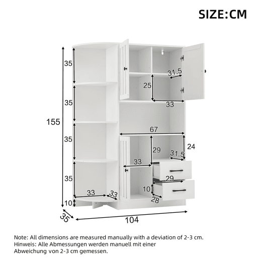 Armário de canto 104x35x155 cm - Vitrine com 3 portas e 2 gavetas, 14 compartimentos - Branco