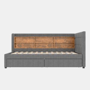 Daybett 90x200 cm - Sofá-cama com 2 gavetas, USB, Tipo C, prateleiras - Cinza