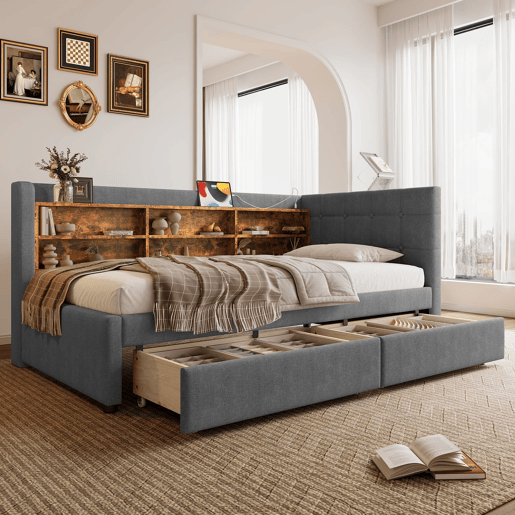 Daybett 90x200 cm - Sofá-cama com 2 gavetas, USB, Tipo C, prateleiras - Cinza