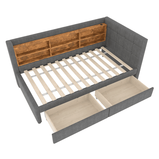 Daybett 90x200 cm - Sofá-cama com 2 gavetas, USB, Tipo C, prateleiras - Cinza