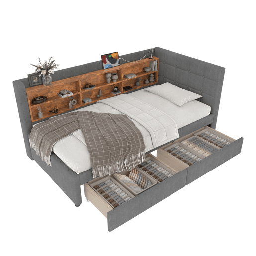 Daybett 90x200 cm - Sofá-cama com 2 gavetas, USB, Tipo C, prateleiras - Cinza