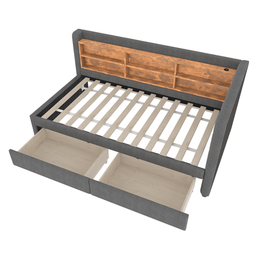 Daybett 90x200 cm - Sofá-cama com 2 gavetas, USB, Tipo C, prateleiras - Cinza