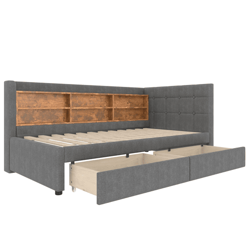 Daybett 90x200 cm - Sofá-cama com 2 gavetas, USB, Tipo C, prateleiras - Cinza