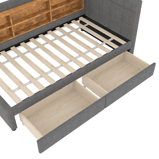 Daybett 90x200 cm - Sofá-cama com 2 gavetas, USB, Tipo C, prateleiras - Cinza