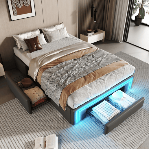 Estrutura de cama 90x200 - Com gavetas, sem cabeceira, com luzes LED, base de metal - Cinza