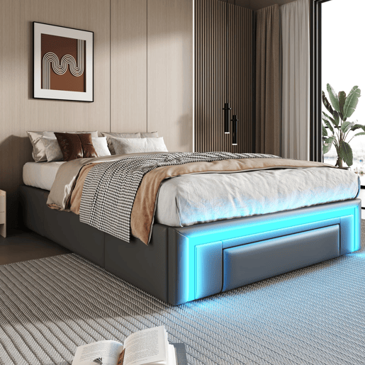 Estrutura de cama 90x200 - Com gavetas, sem cabeceira, com luzes LED, base de metal - Cinza