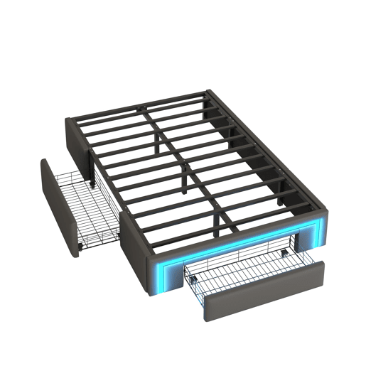 Estrutura de cama 90x200 - Com gavetas, sem cabeceira, com luzes LED, base de metal - Cinza