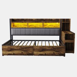 Sofá-cama 90x200 cm - Com arrumação, tomadas multifuncionais, LED e secretária extensível - Cor madeira