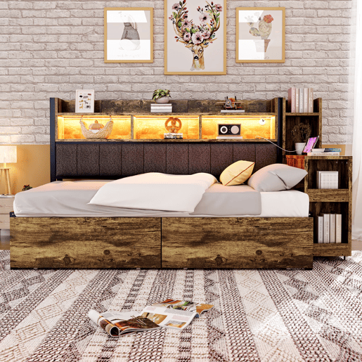 Sofá-cama 90x200 cm - Com arrumação, tomadas multifuncionais, LED e secretária extensível - Cor madeira