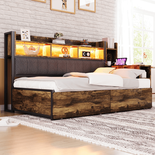 Sofá-cama 90x200 cm - Com arrumação, tomadas multifuncionais, LED e secretária extensível - Cor madeira