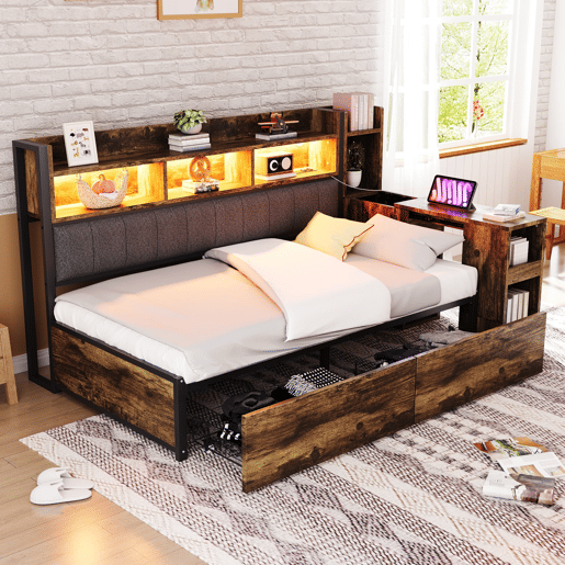 Sofá-cama 90x200 cm - Com arrumação, tomadas multifuncionais, LED e secretária extensível - Cor madeira