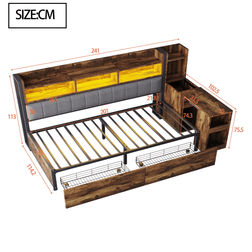 Sofá-cama 90x200 cm - Com arrumação, tomadas multifuncionais, LED e secretária extensível - Cor madeira