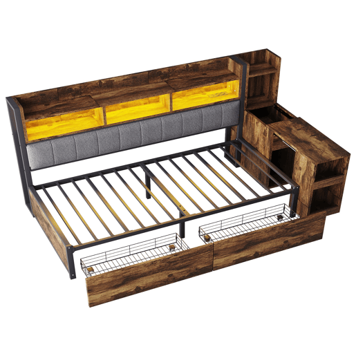 Sofá-cama 90x200 cm - Com arrumação, tomadas multifuncionais, LED e secretária extensível - Cor madeira
