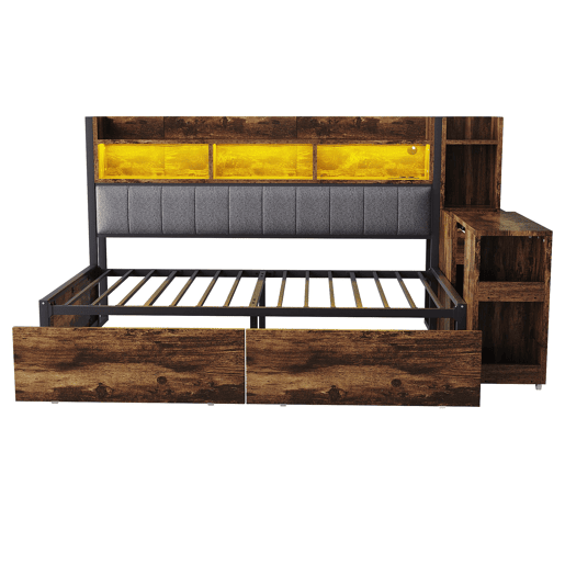 Sofá-cama 90x200 cm - Com arrumação, tomadas multifuncionais, LED e secretária extensível - Cor madeira