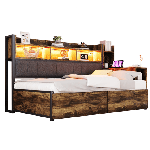 Sofá-cama 90x200 cm - Com arrumação, tomadas multifuncionais, LED e secretária extensível - Cor madeira