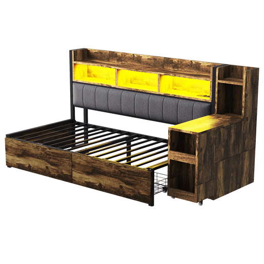 Sofá-cama 90x200 cm - Com arrumação, tomadas multifuncionais, LED e secretária extensível - Cor madeira