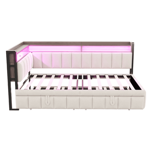 Sofá-cama 90x200 cm - Cama extraível, iluminação LED, portas USB e Tipo-C, bege Sofá-cama 90x200 cm - Cama extraível, iluminação LED, portas USB e Tipo-C, bege