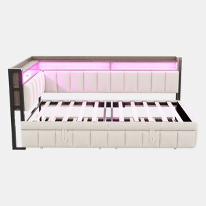 Sofá-cama 90x200 cm - Cama extraível, iluminação LED, portas USB e Tipo-C, bege