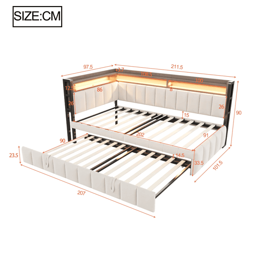 Sofá-cama 90x200 cm - Cama extraível, iluminação LED, portas USB e Tipo-C, bege Sofá-cama 90x200 cm - Cama extraível, iluminação LED, portas USB e Tipo-C, bege