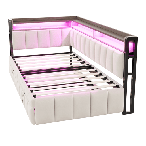 Sofá-cama 90x200 cm - Cama extraível, iluminação LED, portas USB e Tipo-C, bege Sofá-cama 90x200 cm - Cama extraível, iluminação LED, portas USB e Tipo-C, bege