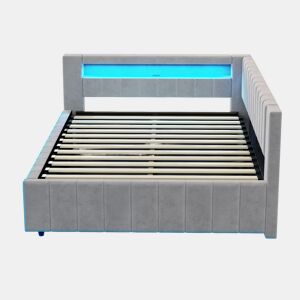 Sofá-cama 140x200 - Com armazenamento hidráulico, luz LED, porta USB, encosto, cabeceira, estrutura estável - Cinza claro