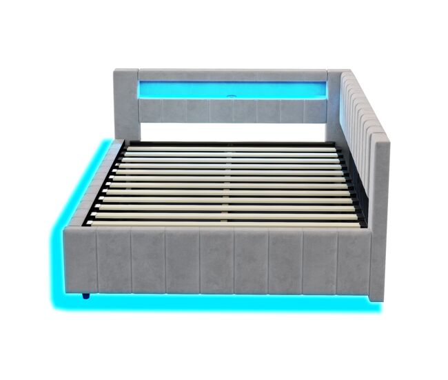 Sofá cama 140x200 - con almacenamiento hidráulico, luz led, puerto usb, respaldo, cabecero, estructura estable - gris claro