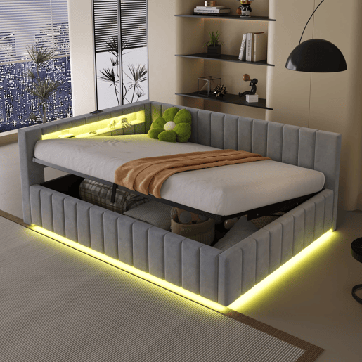 Sofá-cama 140x200 - Com armazenamento hidráulico, luz LED, porta USB, encosto, cabeceira, estrutura estável - Cinza claro Sofá-cama 140x200 - Com armazenamento hidráulico, luz LED, porta USB, encosto, cabeceira, estrutura estável - Cinza claro
