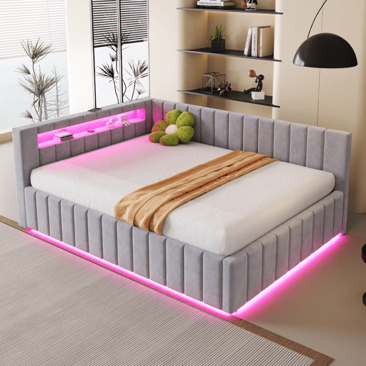 Sofá-cama 140x200 - Com armazenamento hidráulico, luz LED, porta USB, encosto, cabeceira, estrutura estável - Cinza claro Sofá-cama 140x200 - Com armazenamento hidráulico, luz LED, porta USB, encosto, cabeceira, estrutura estável - Cinza claro