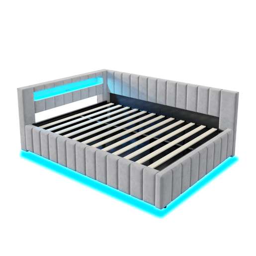 Sofá-cama 140x200 - Com armazenamento hidráulico, luz LED, porta USB, encosto, cabeceira, estrutura estável - Cinza claro Sofá-cama 140x200 - Com armazenamento hidráulico, luz LED, porta USB, encosto, cabeceira, estrutura estável - Cinza claro