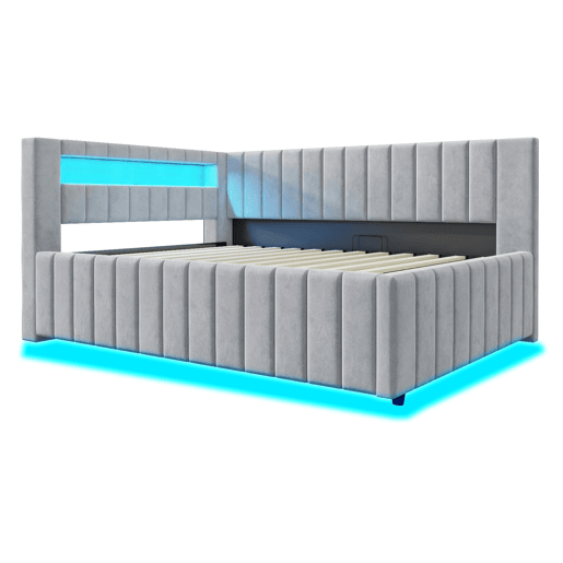 Sofá-cama 140x200 - Com armazenamento hidráulico, luz LED, porta USB, encosto, cabeceira, estrutura estável - Cinza claro Sofá-cama 140x200 - Com armazenamento hidráulico, luz LED, porta USB, encosto, cabeceira, estrutura estável - Cinza claro