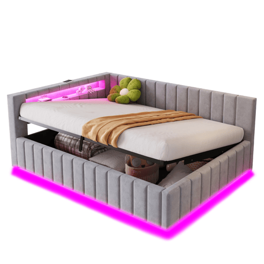 Sofá-cama 140x200 - Com armazenamento hidráulico, luz LED, porta USB, encosto, cabeceira, estrutura estável - Cinza claro Sofá-cama 140x200 - Com armazenamento hidráulico, luz LED, porta USB, encosto, cabeceira, estrutura estável - Cinza claro
