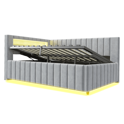 Sofá-cama 140x200 - Com armazenamento hidráulico, luz LED, porta USB, encosto, cabeceira, estrutura estável - Cinza claro Sofá-cama 140x200 - Com armazenamento hidráulico, luz LED, porta USB, encosto, cabeceira, estrutura estável - Cinza claro