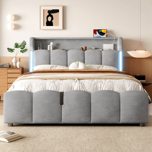 Cama estofada 140x200 cm - Sem colchão, iluminação LED, cabeceira com arrumação, USB e Tipo-C, cinzenta