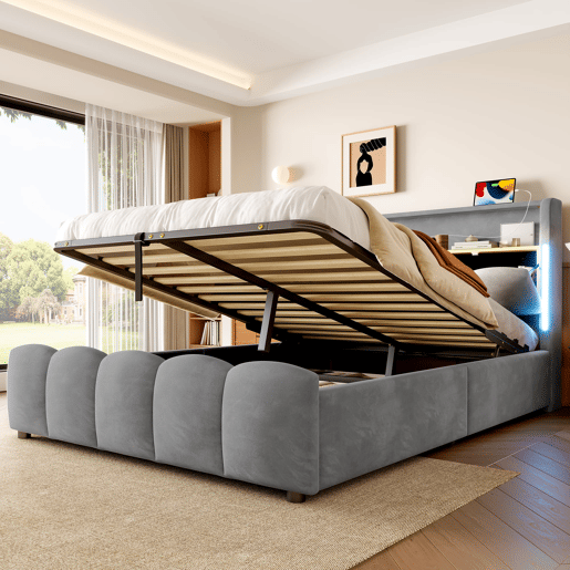 Cama estofada 140x200 cm - Sem colchão, iluminação LED, cabeceira com arrumação, USB e Tipo-C, cinzenta