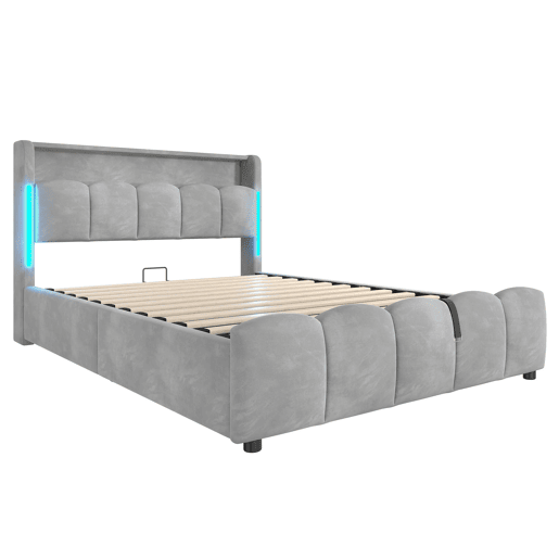 Cama estofada 140x200 cm - Sem colchão, iluminação LED, cabeceira com arrumação, USB e Tipo-C, cinzenta