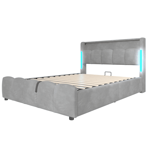 Cama estofada 140x200 cm - Sem colchão, iluminação LED, cabeceira com arrumação, USB e Tipo-C, cinzenta