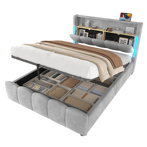 Cama estofada 140x200 cm - Sem colchão, iluminação LED, cabeceira com arrumação, USB e Tipo-C, cinzenta